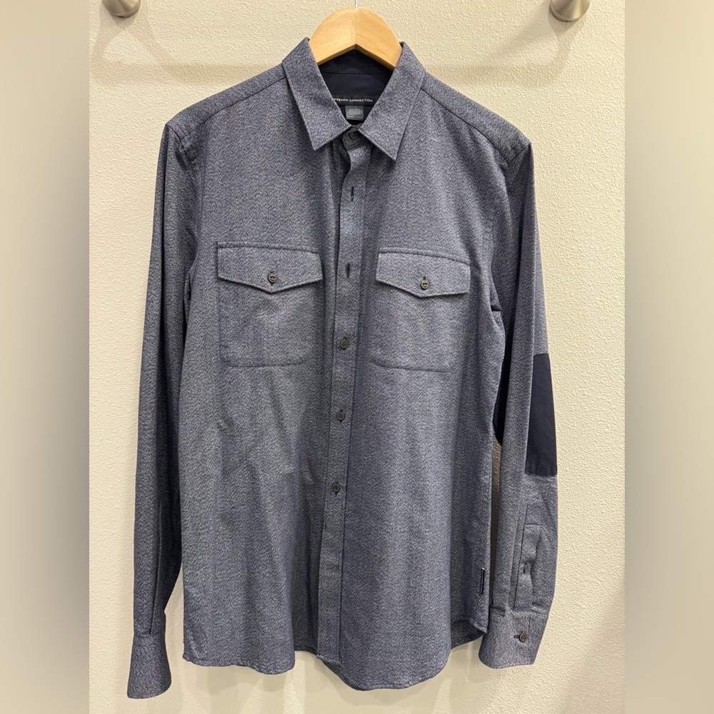 French Connection Men's Blue Textured Button-Down Shirt with Elbow Patch